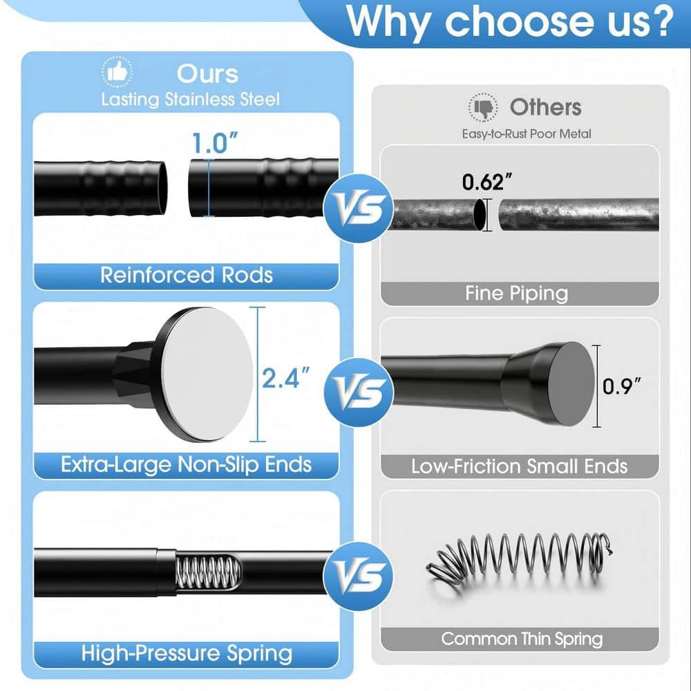 Wudkey 30-64 in. Stainless Steel Tension Rod, 1 in. Diameter No Drill Shower Curtain Rod, Rustproof Anti-Slip in Black (3)
