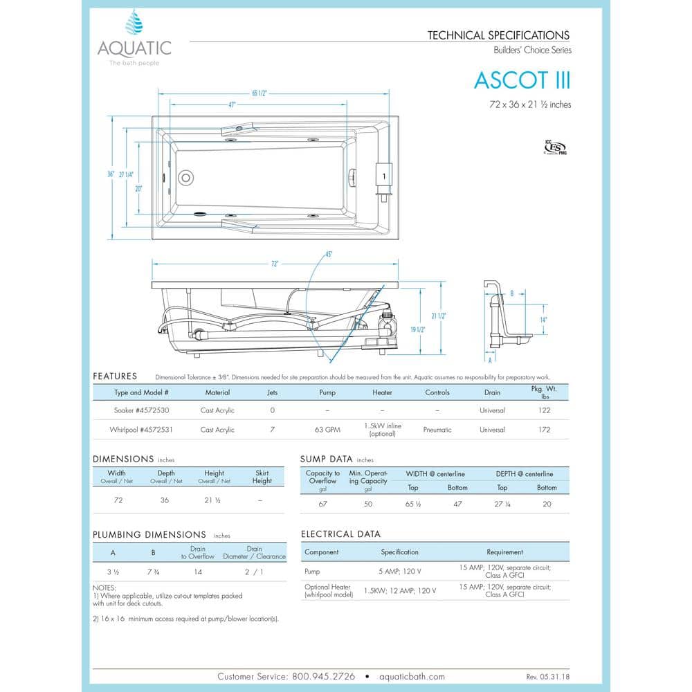 Aquatic Ascot III 72 in. Acrylic Rectangular Drop-In Whirlpool Bathtub with Heater Reversible Drain in White (2)