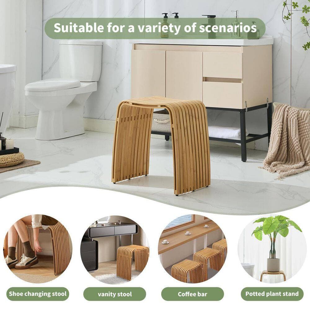 Wudkey Bamboo Shower Bench in Brown, Non-Slip Shower Stool, Waterproof Bathroom Stool Spa Bath Seat, Natural Bamboo Stool (3)