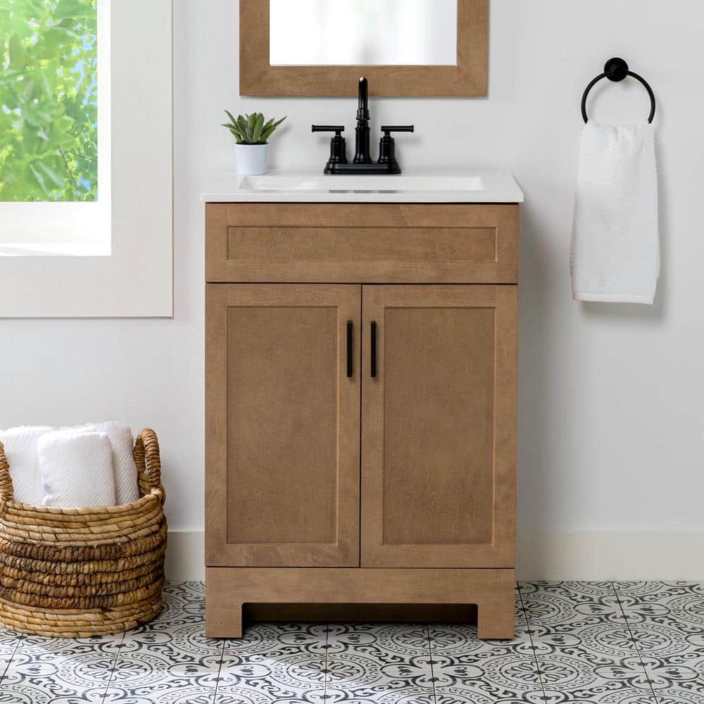 Glacier Bay Lyton 25 in. Single Sink Sand Freestanding Bath Vanity with White Cultured Marble Top (Assembled) (2)