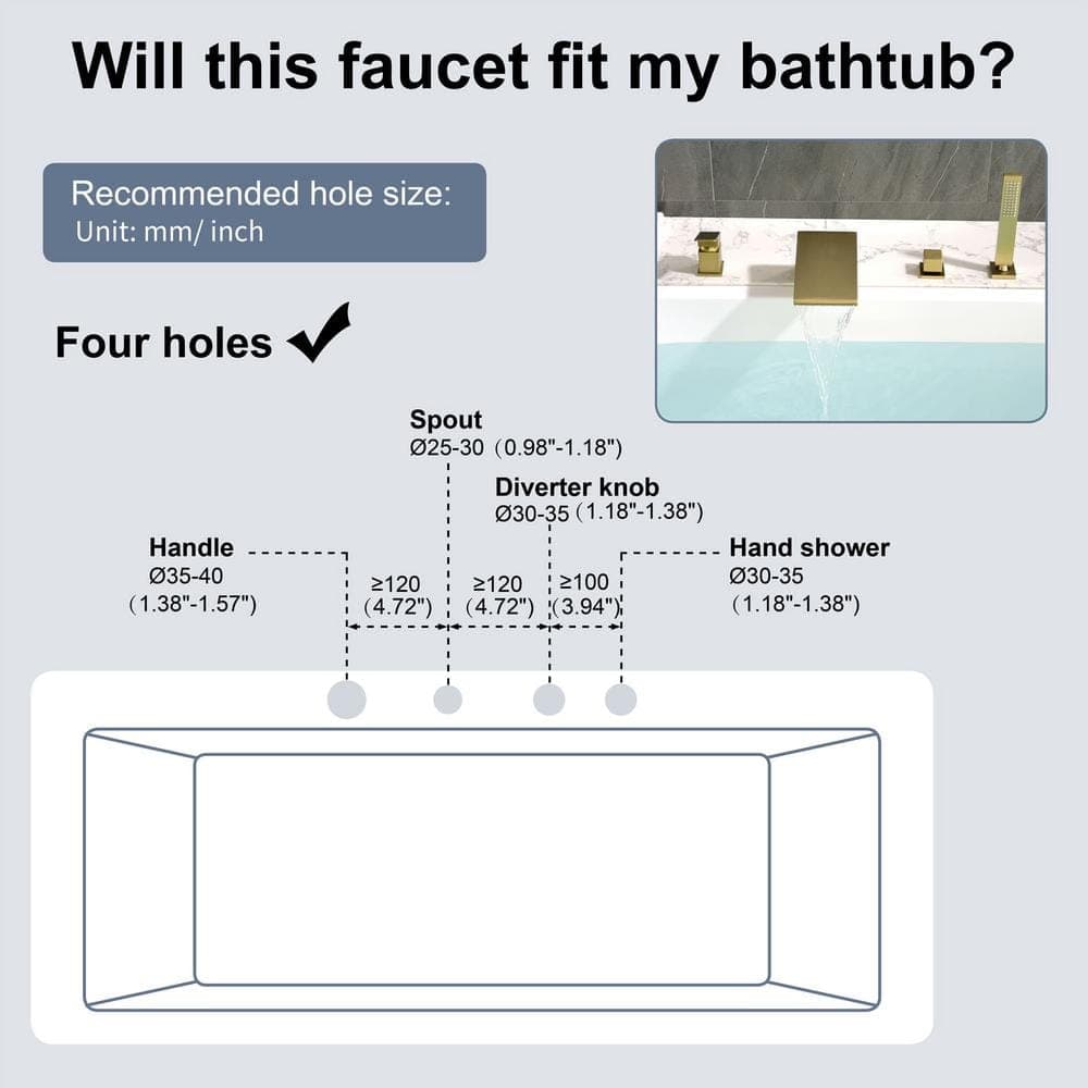 FLG Single-Handle Deck-Mount Roman Tub Faucet with Hand Shower 4 Hole Waterfall Bathtub Filler in Brushed Gold (2)
