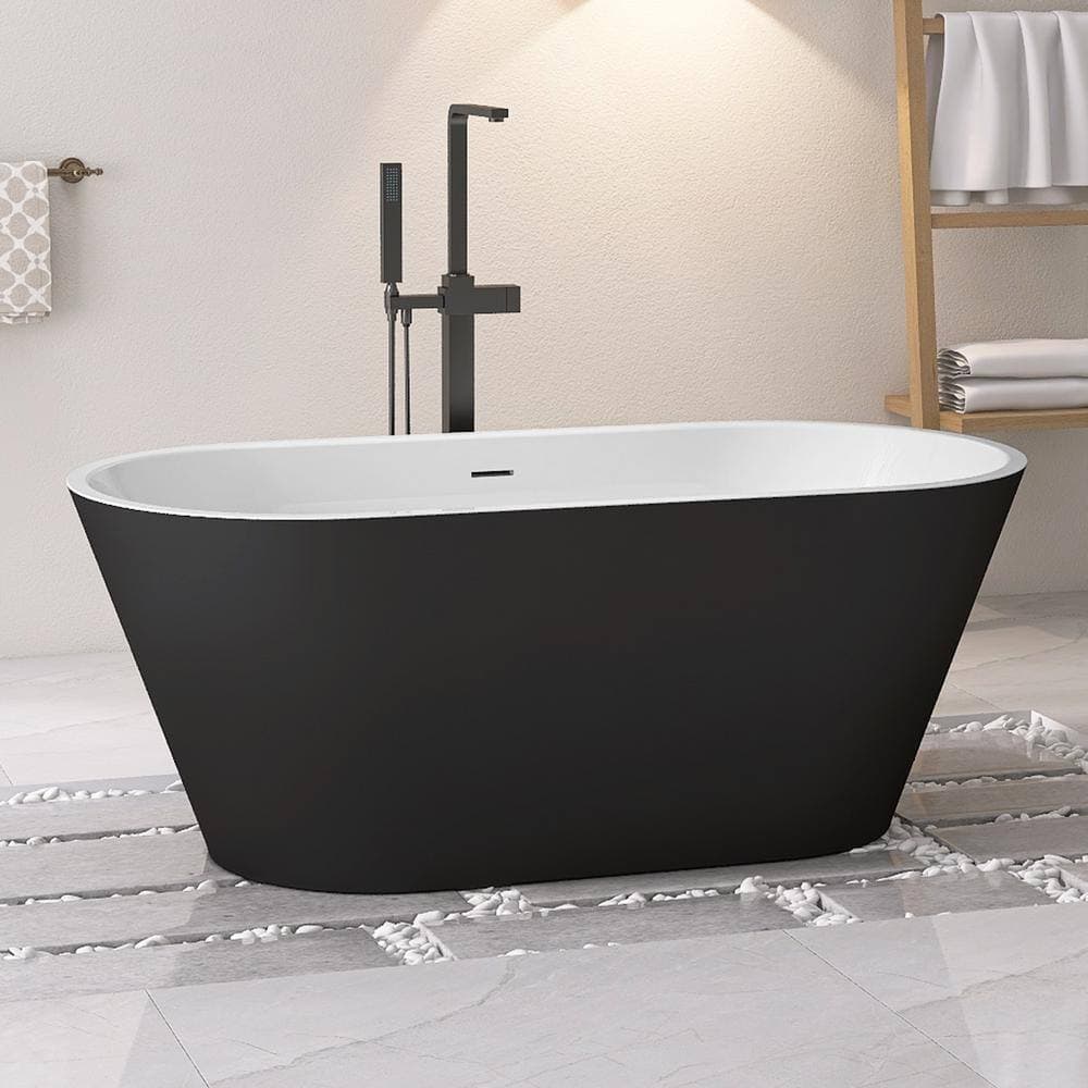 NTQ 59 in. x 29.5 in. Acrylic Oval Freestanding Deep Soaking Bathtub Free Standing Bath Tub with Chrome Drain in Matte Black (2)