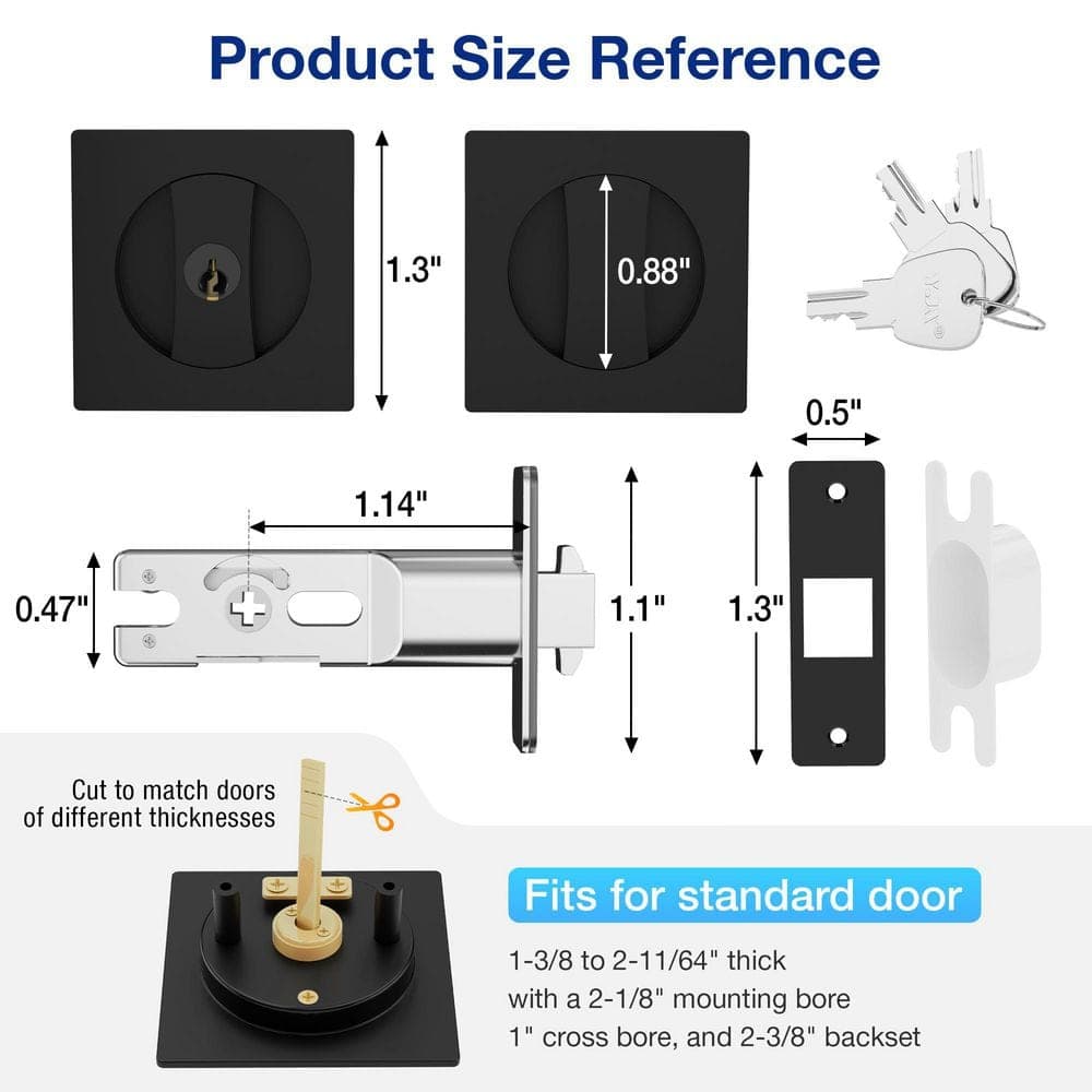 WINSOON Square Zinc Alloy Black Bed/Bath Pocket Door Latch with Key Privacy Pocket Door Hardware Sliding Pocket Door Lock (3)