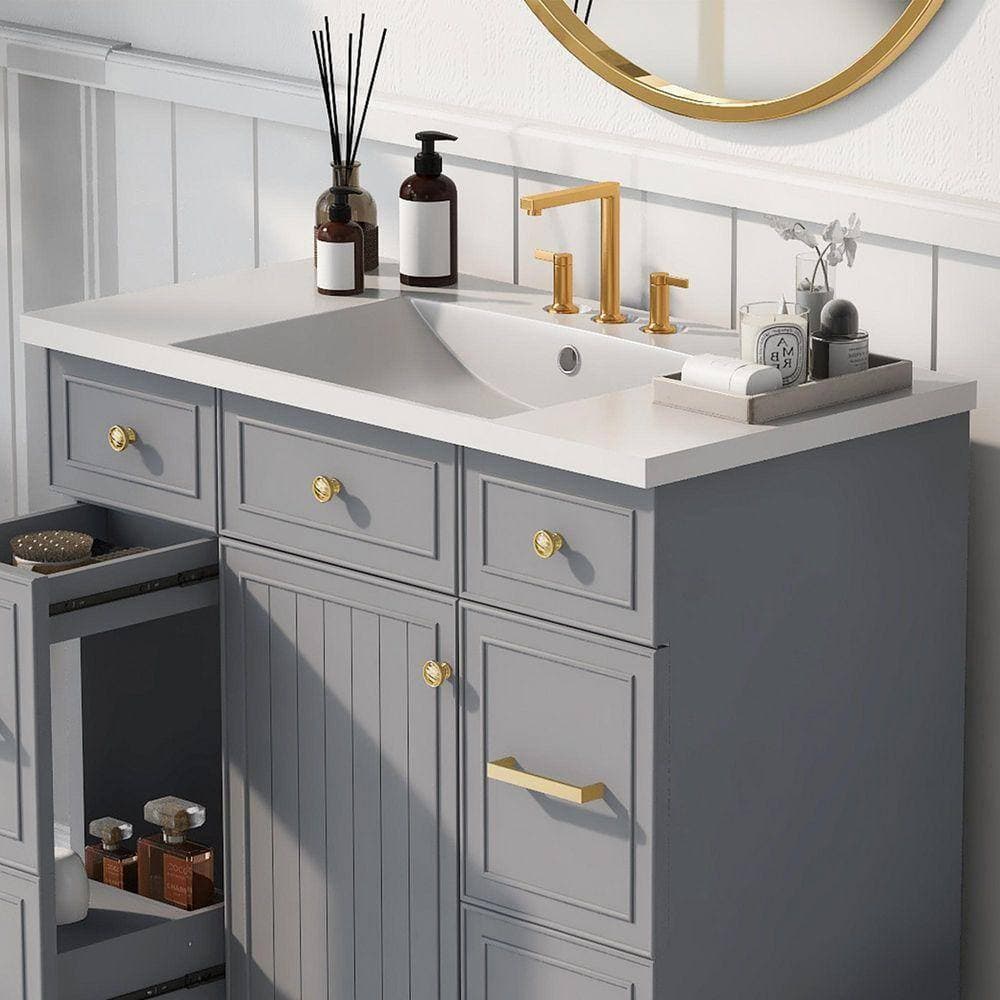 Dimakai 36 in. Drop-in Bathroom Sink in White Resin Rectangular 3 Hole Bath Vanity Sink Only (2)