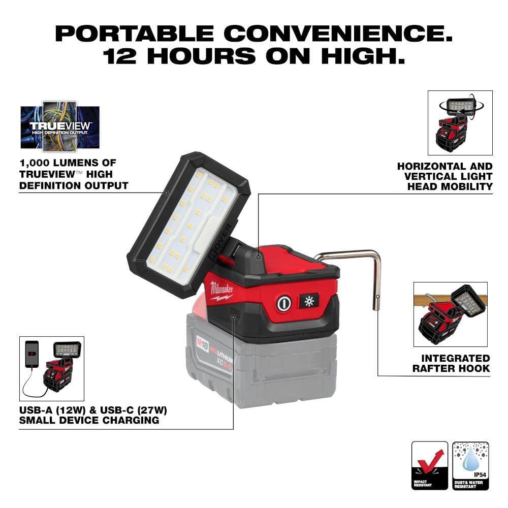 Milwaukee M18 18-Volt Lithium-Ion Cordless 1000 Lumens ROVER Compact Folding Flood Light w/ 4000 Lumens Flood Light (2)