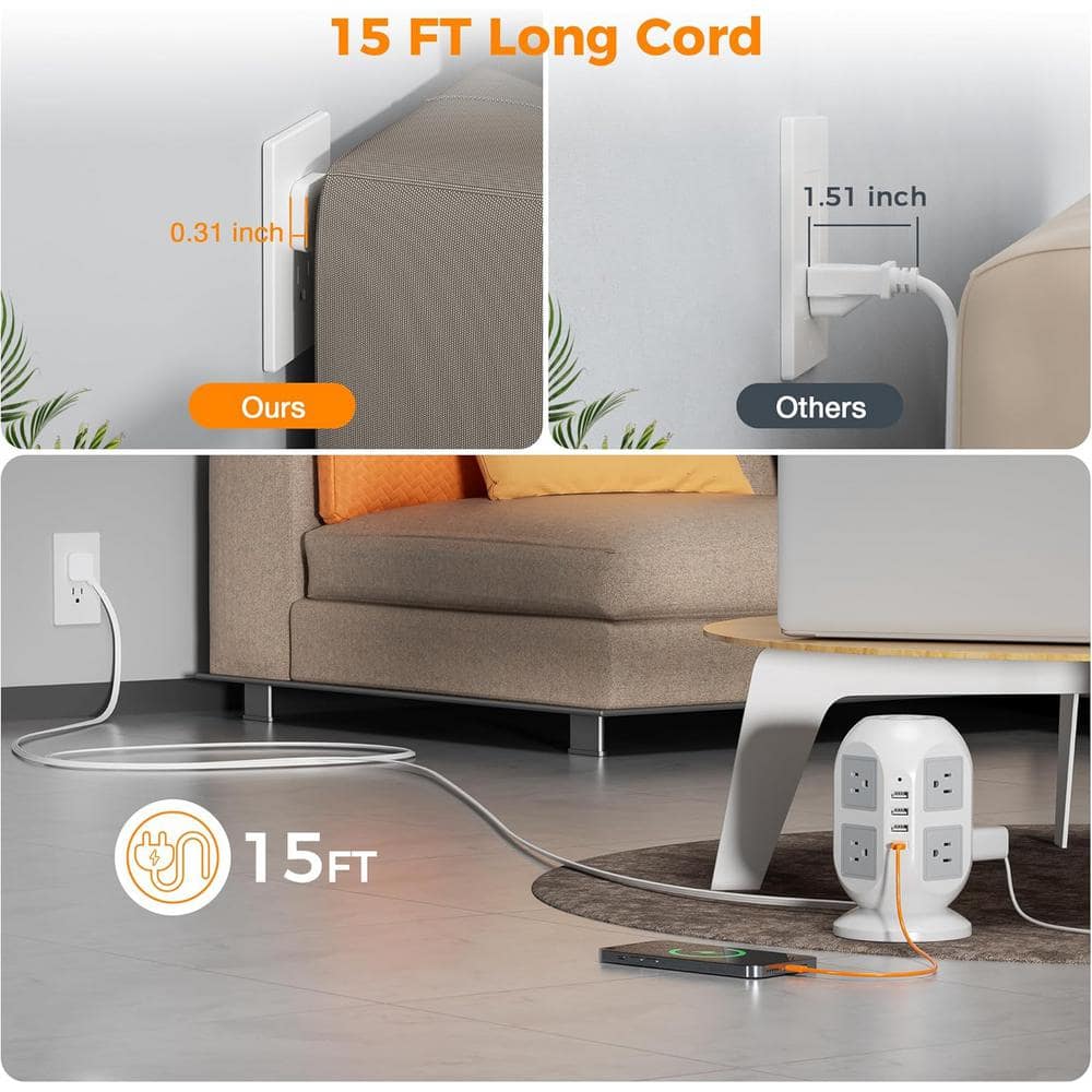 Unbranded 15 ft. Cord 8-AC Outlets Surge Protector Power Strip Tower with 3 USB-A and 1 USB-C Ports in White (2)