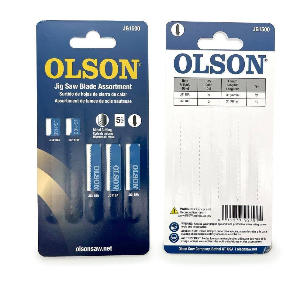 Olson Saw Jig Saw Steel Blade Set, 3 in. Long, 0.31 in. Wide, 21 to 12 TPI, Metal Cutting Assortment of 5 Blades, T-Shank Type (3)