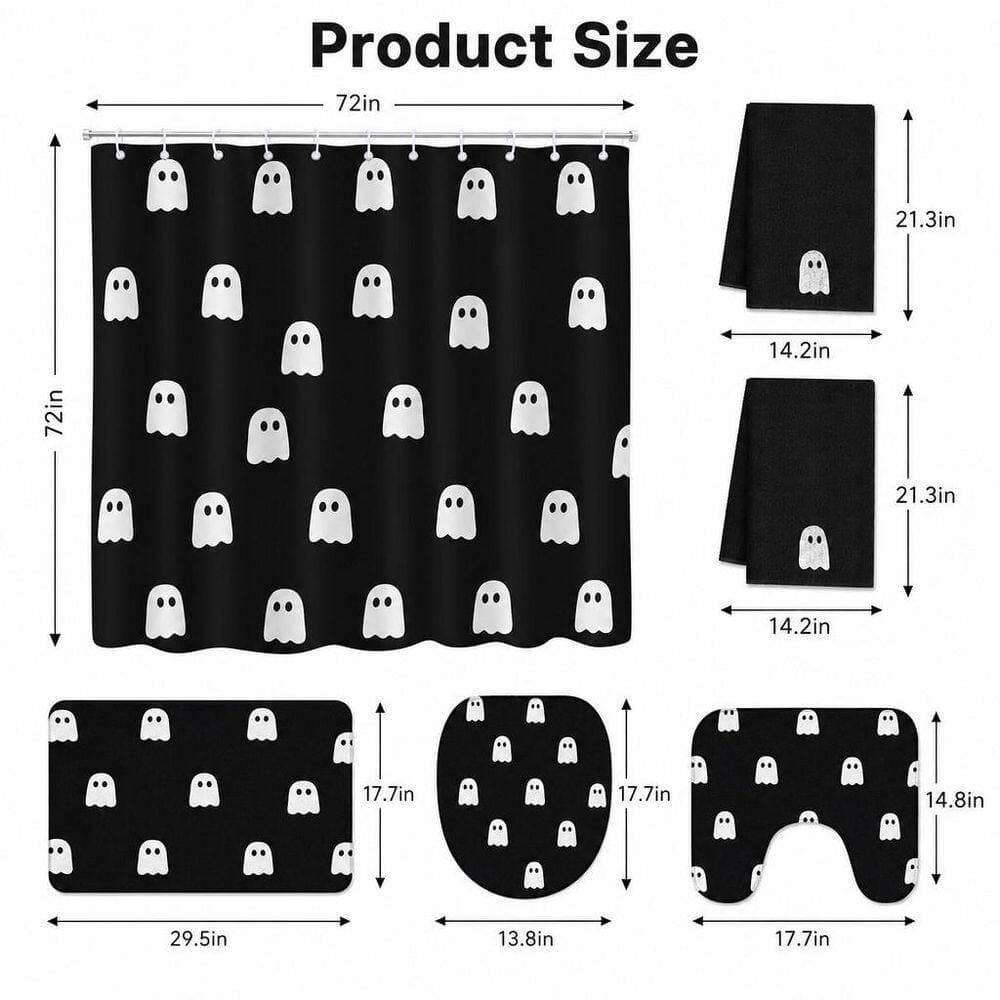 Wudkey 6-Piece 72 in. W x 72 in. L Polyester Halloween Ghost Shower Curtain Set in Black White with Rugs, Bath Mat, Hooks (2)