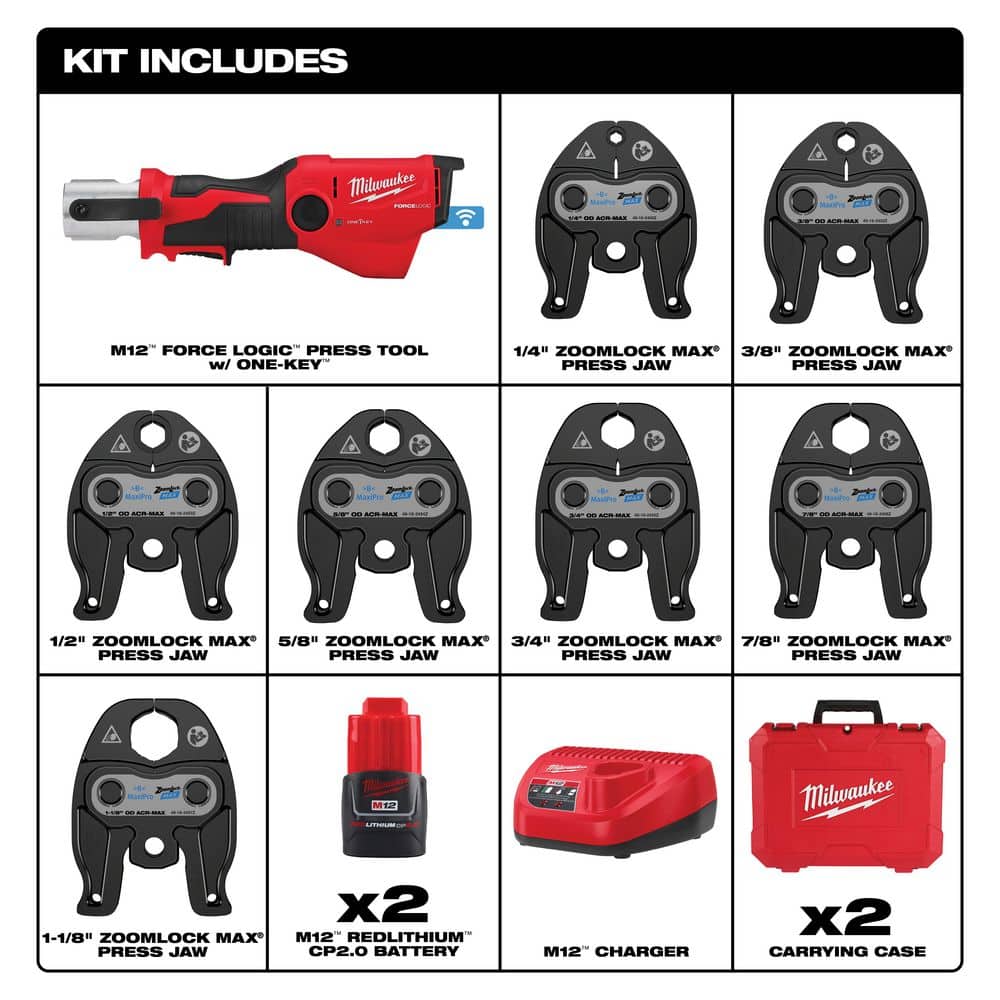 Milwaukee M12 12-Volt Lithium-Ion FORCE LOGIC Press Tool with ONE-KEY and 1/4 in. - 1-1/8 in. ZoomLock MAX ACR Press Jaw Kit (2)