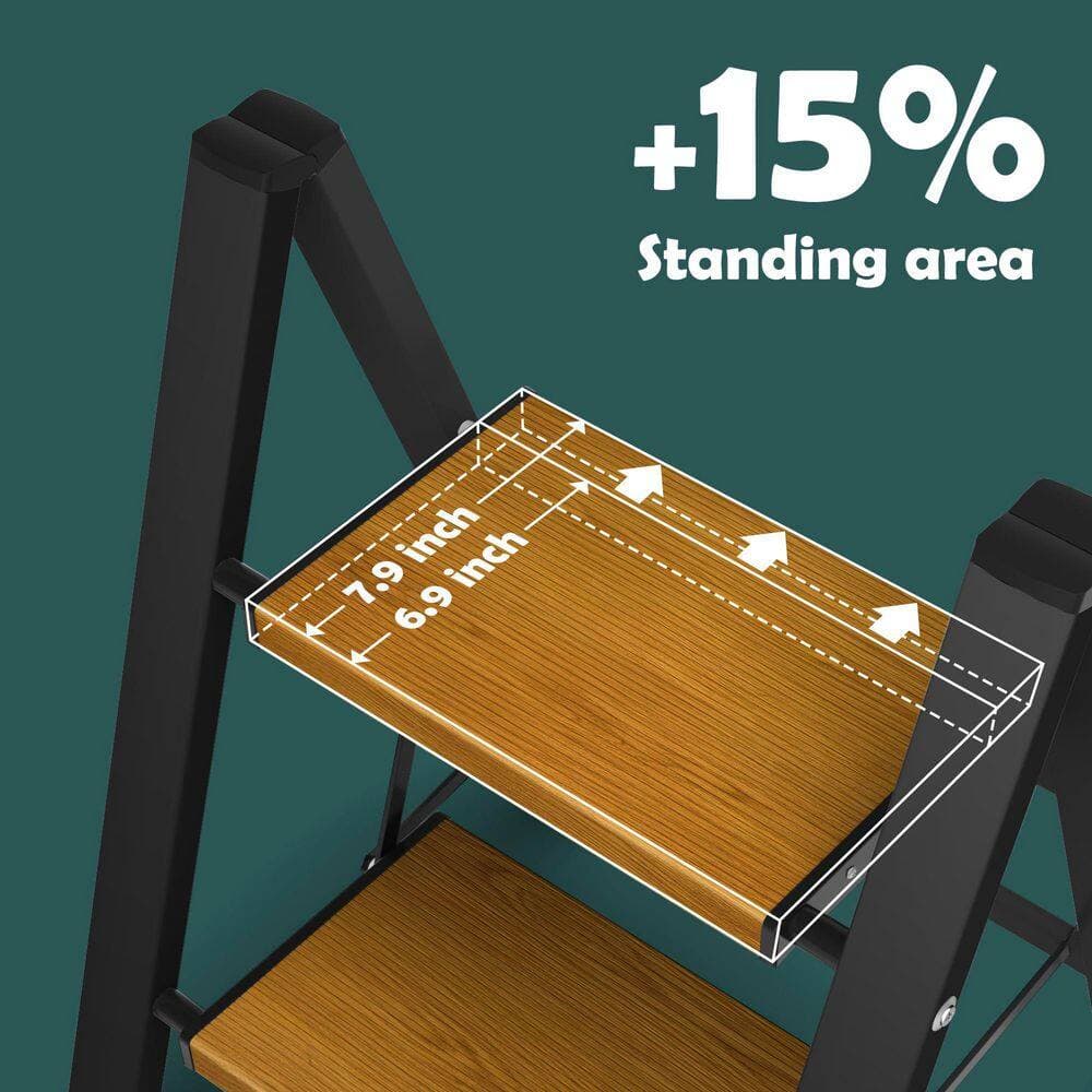 Laybus 3-Step 8.67 ft. Reach Black and Woodgrain Aluminum Step Stool, 330 Load Capacity Type IA Duty Rating, Lightweight (2)