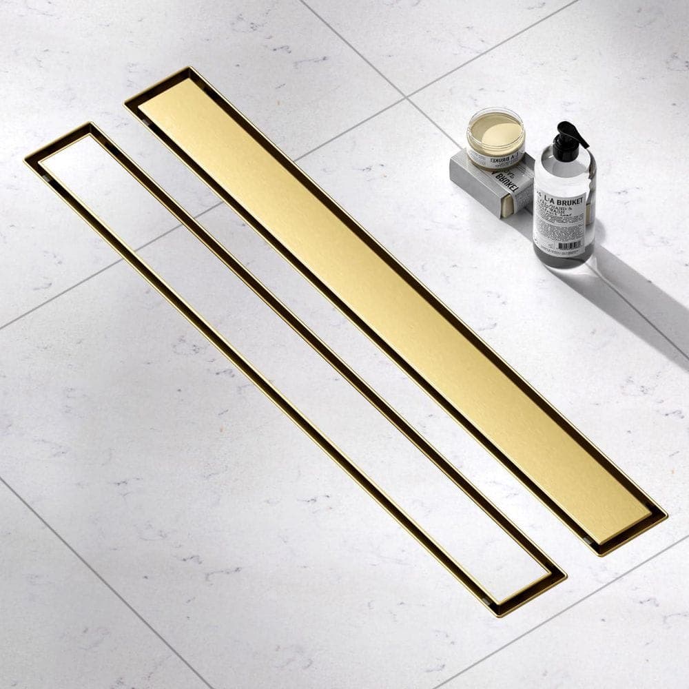 HOMEMYSTIQUE 24 in. Linear Shower Drain, Square Grid Pattern 304 Stainless Steel Floor Drain w/Hair Strainer, Brushed Gold (1)