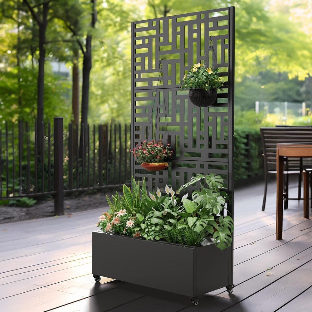Dovelina 35 in. x 71 in. Black Metal Iron Planter Box with Attached Trellis for Climbing Vegetation (1)