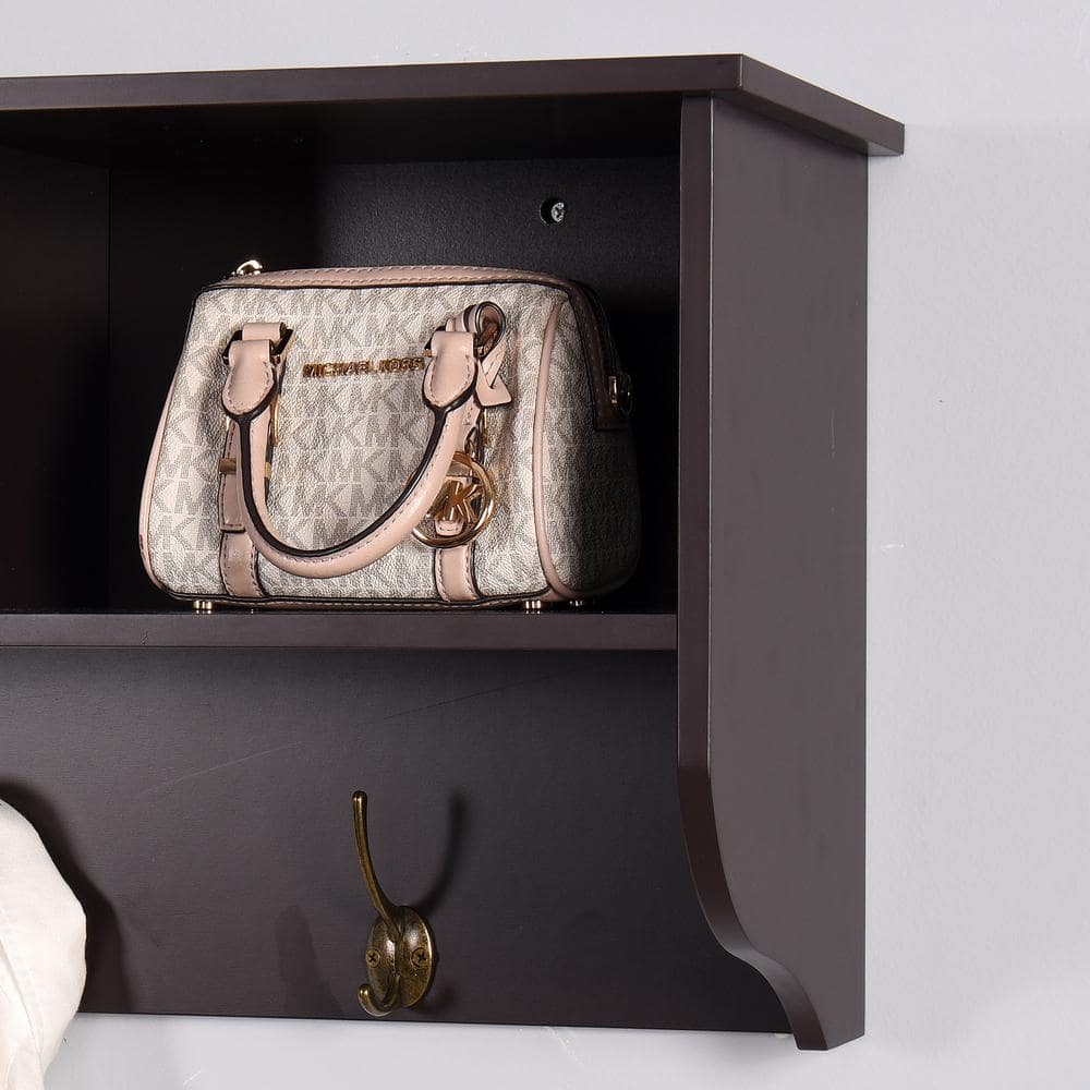 Unbranded 38.58 in. W x 7.87 in. D x 13.78 in. H Bathroom Storage Wall Cabinet with 4 Dual Hooks and Cubic Storage in Brown (3)