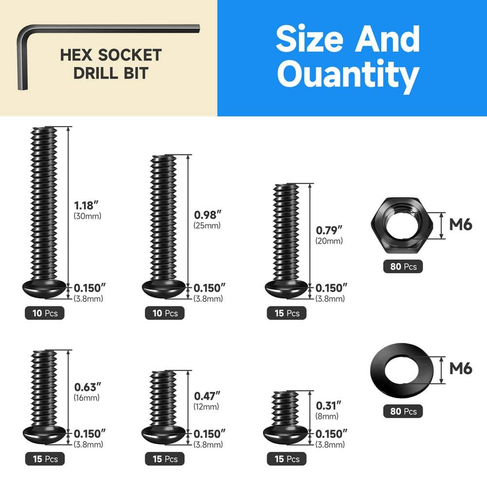 MarySino 240-Piece M6 Hex Bolt Nut Assortment Kit, Grade 10.9 Alloy Steel, Button Head Socket Screws with Washers and Wrenches (3)