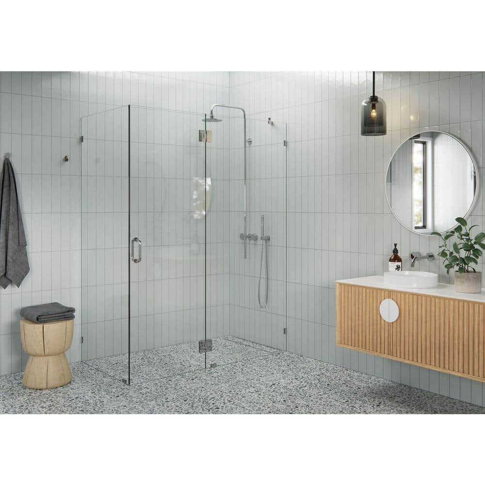 Glass Warehouse 59 in. W x 32 in. D x 78 in. H Pivot Frameless Corner Shower Enclosure in Polished Chrome Finish with Clear Glass (2)