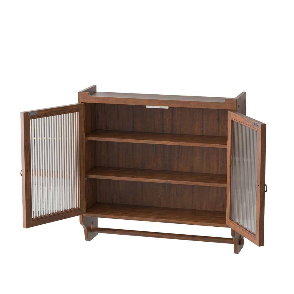 Unbranded 24.8 in. W x 7.08 in. D x 23.62 in. H Bathroom Storage Wall Cabinet with 3-Tiers and Towel Rack in Brown (3)