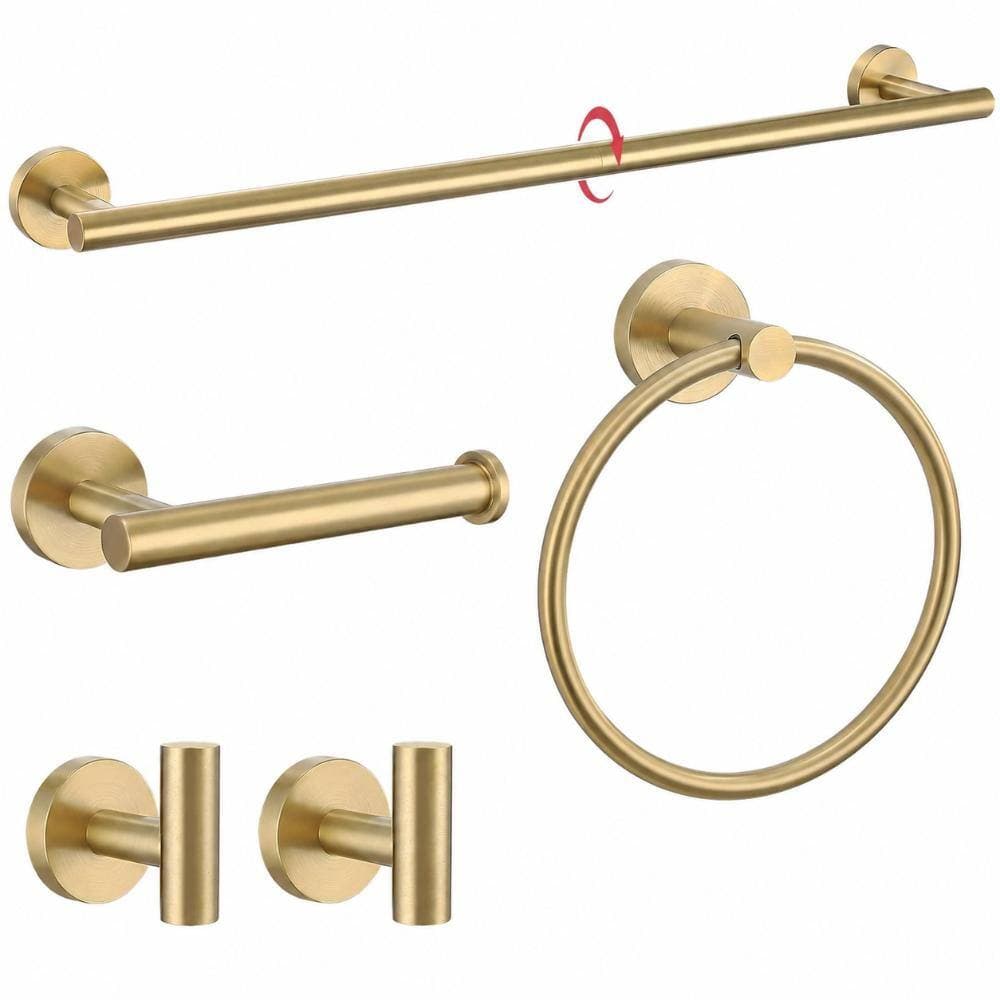 Unbranded 5-Piece Wall Mount 24 in. Brushed Gold Round Bathroom Hardware Set Towel Bar Ring Paper Holder Hook Set
