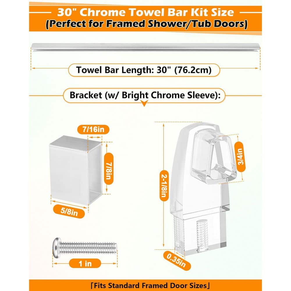 Unbranded Wall Mounted 19 in. Chrome Framed Shower Door Towel Bar Replacement Kit with Clear Acrylic Brackets and Chrome Sleeves (2)