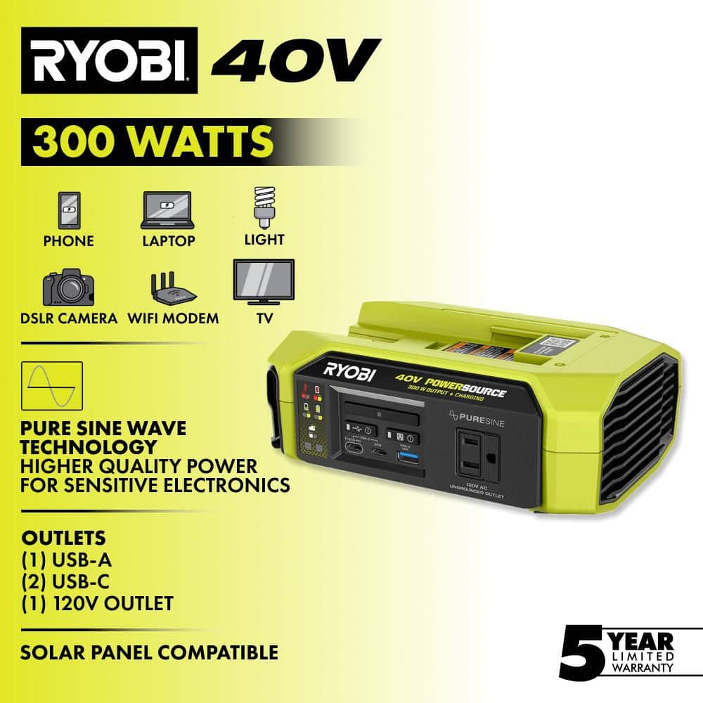 RYOBI 40V 300-Watt Portable Battery Inverter Power Source and 40V Battery Charger (Tool Only) (2)