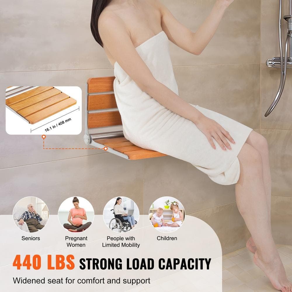 SVOPES Folding Oak Shower Seat 16.1 in. x 13.4 in. Wall Mounted, 440 lbs. Load Capacity, Fold-Up Shower Bench for Seniors (3)