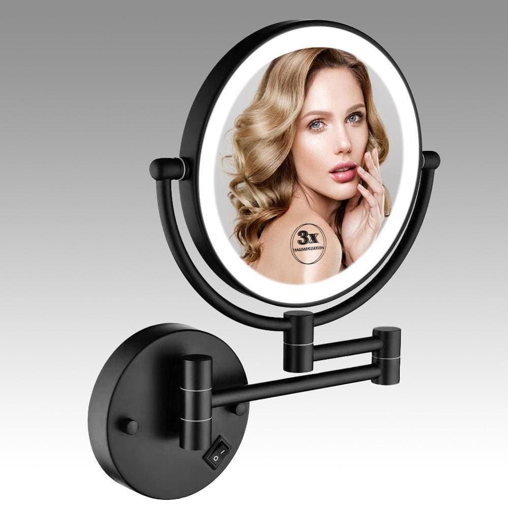 EAKYHOM 13.5 in. x 8 in. Double-Sided Magnifying Retractable Mirror Wall-Mount LED Makeup Bathroom Makeup Mirror in Black