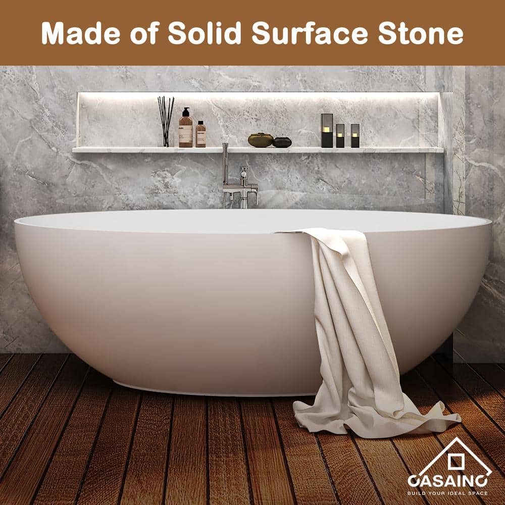 CASAINC 65 in. x 23 in. Solid Surface Stone Resin Stand Alone Freestanding Soaking Bathtub in White with Center Drain (3)