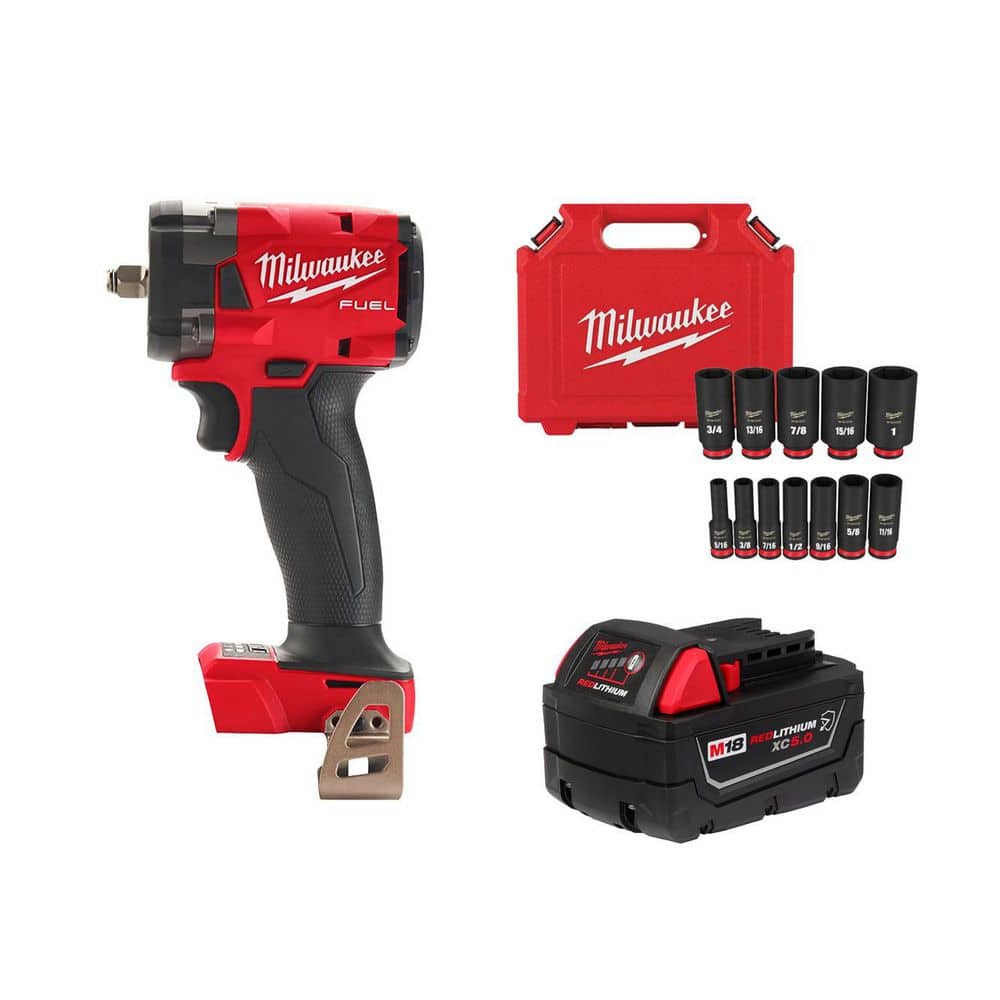 Milwaukee M18 FUEL GEN-3 18V 3/8 in. Impact Wrench w/5.0Ah Battery & SHOCKWAVE Socket Set (12-Pc) (1)