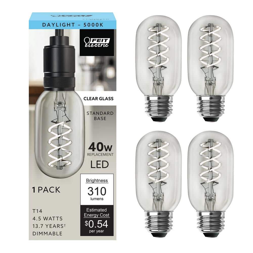 Feit Electric 40-Watt Equivalent T14 Dimmable Spiral Filament Clear Glass E26 Vintage Edison LED Light Bulb, Daylight (4-Pack)