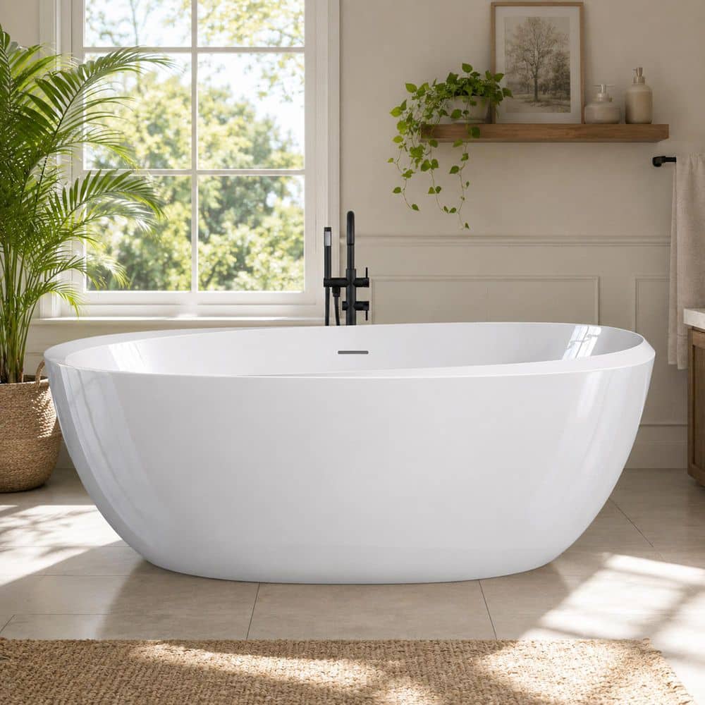 Zeafive Ome 59 in. x 29.5 in. Acrylic Freestanding Soaking Bathtub Flatbottom Modern Oval Tub with Anti-Clogging Drain in White (1)