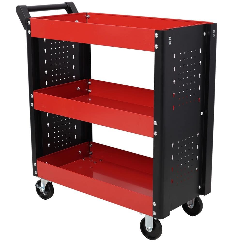 Tidoin 3-Tier Red Steel Heavy Duty Rolling Utility Tool Cart with Wheels and Pegboard (1)