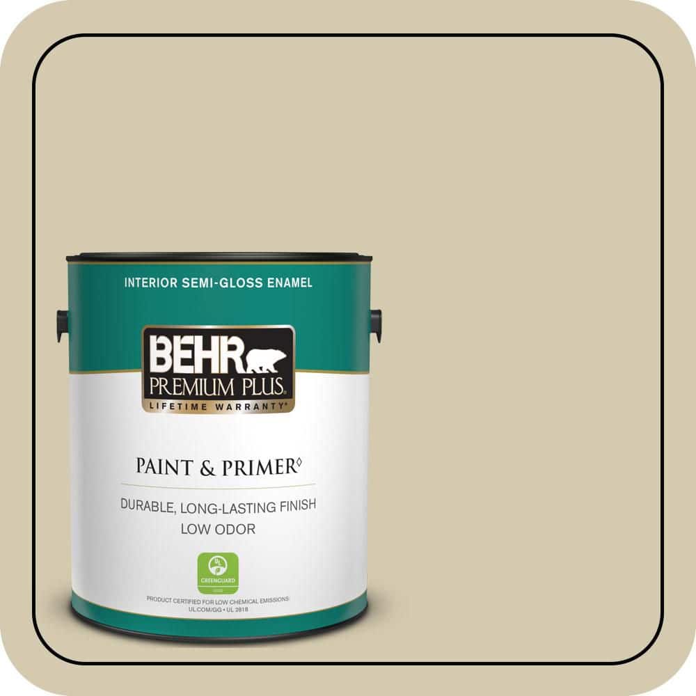 BEHR PREMIUM PLUS 1 gal. #770C-3 Sand Fossil Semi-Gloss Enamel Low Odor Interior Paint & Primer
