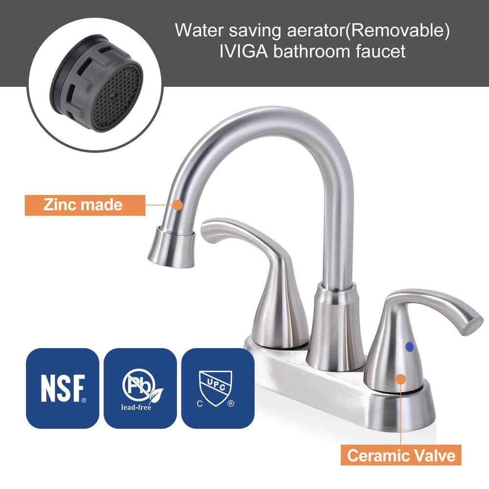 IVIGA 4 in. Centerset Double Handle High Arc 360° Swivel Bathroom Faucet with Pop Up Drain and Supply Lines in Brushed Nickel (2)