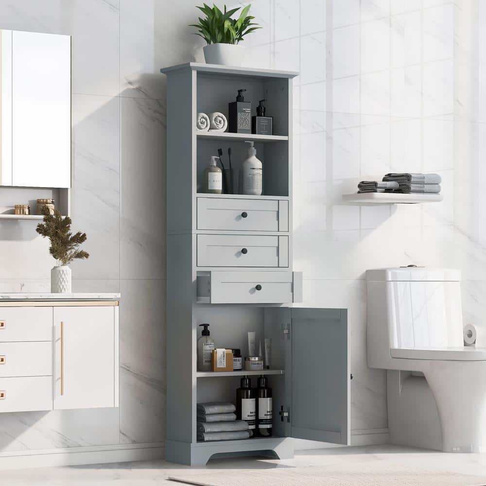 Unbranded 22 in. W x 10 in. D x 68.3 in. H Gray Linen Cabinet with 3 Drawers and Adjustable Shelves for Bathroom, Kitchen