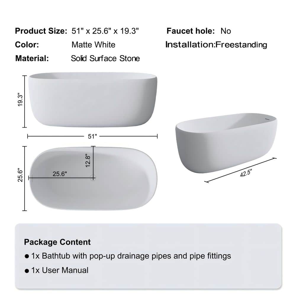 CASAINC 51 in. x 25.6 in. Rectangle Solid Surface Stone Flatbottom Freestanding Soaking Bathtub with Drain in Matte White (3)