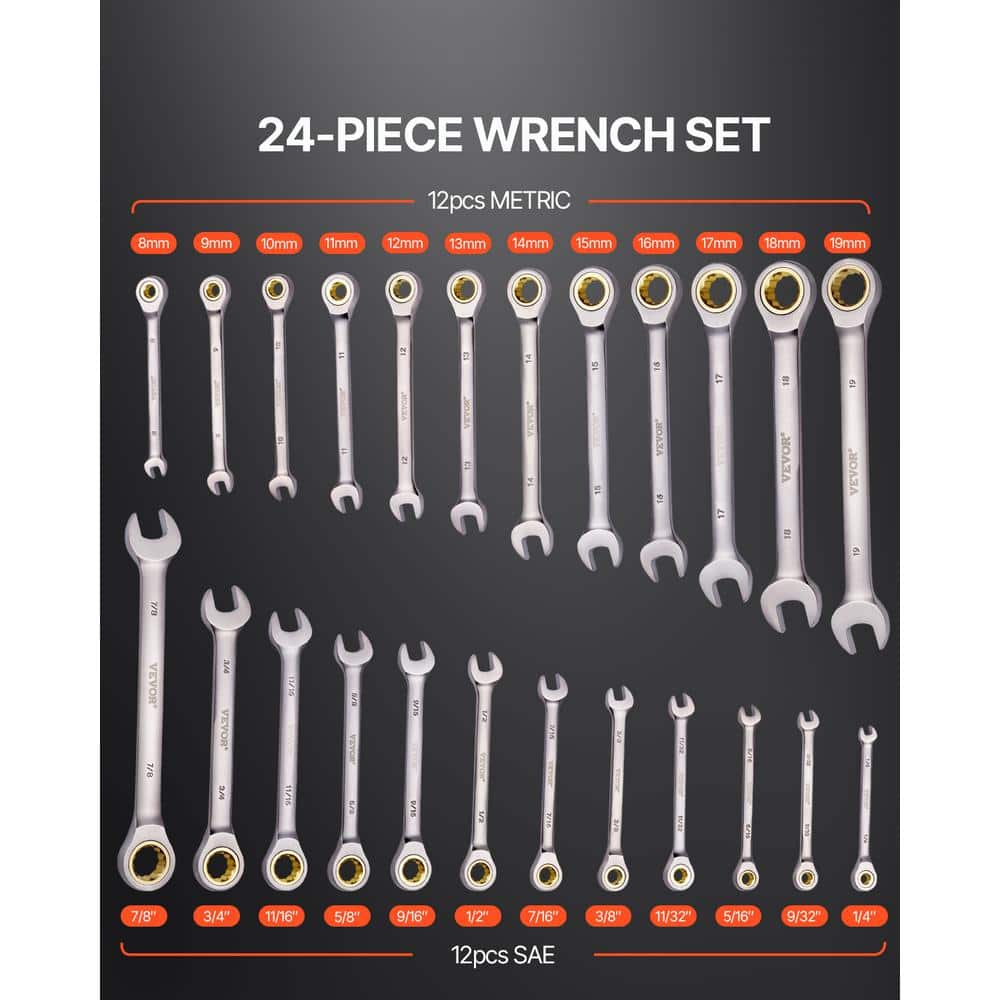 VEVOR Combination Wrench Set,24-Piece Ratcheting Wrench Set with organizer rack, Cr-V Steel Wrench Set SAE 1/4 in. to 7/8 in. (2)