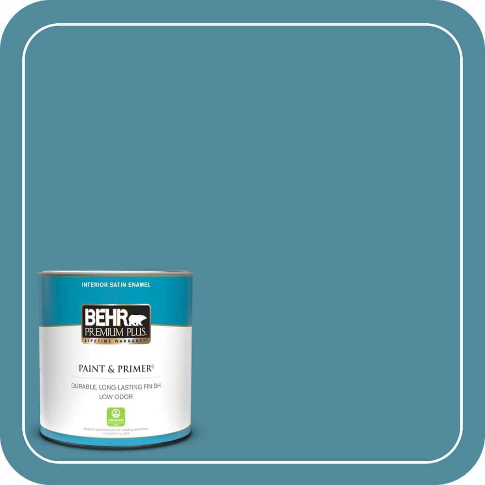 BEHR PREMIUM PLUS 1 qt. #S460-5 Blue Square Satin Enamel Low Odor Interior Paint & Primer