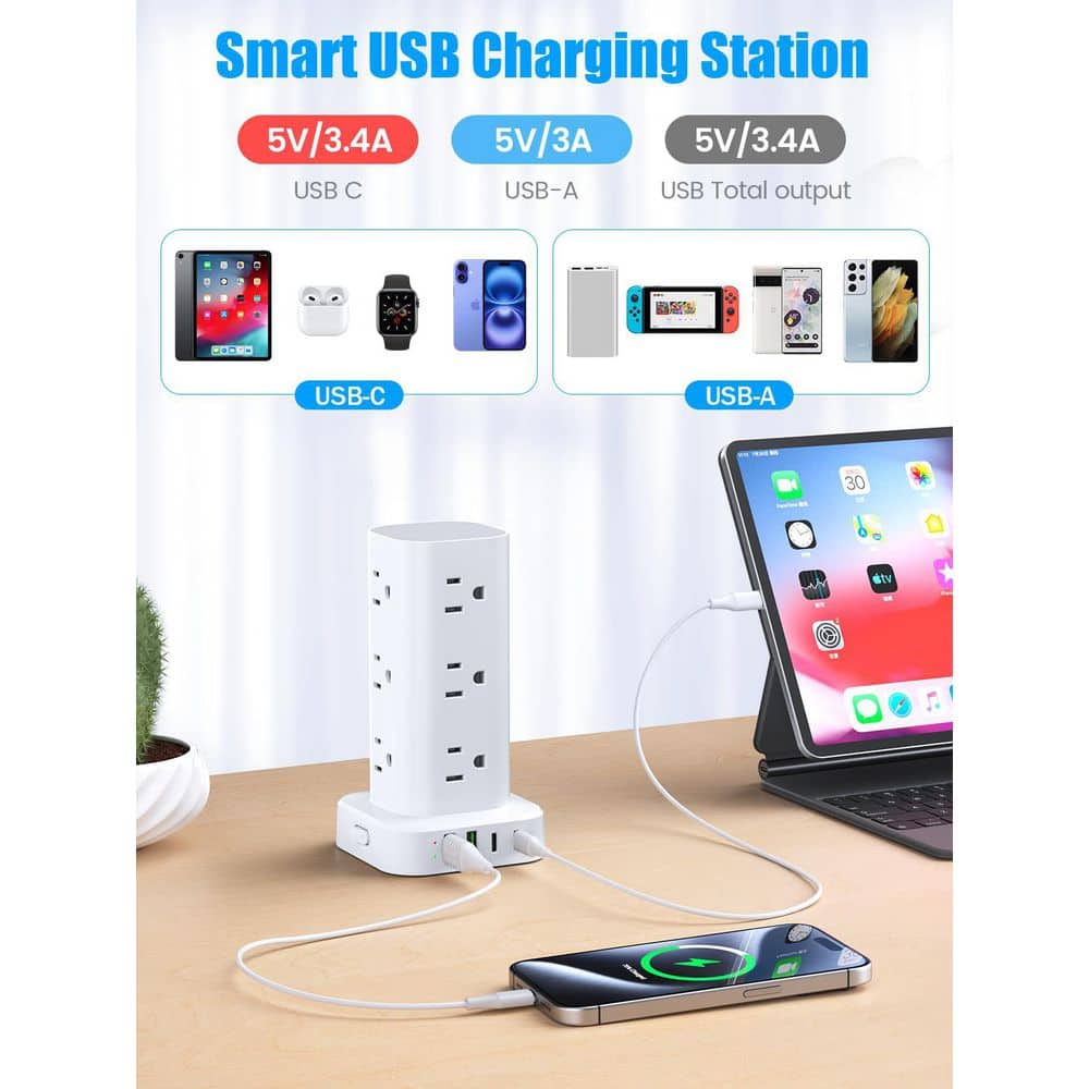 Unbranded 6 ft. 12-Outlet Surge Protector Tower with 2 USB-A Ports 2 USB-C Ports Flat Plug Overload Protection White (3)