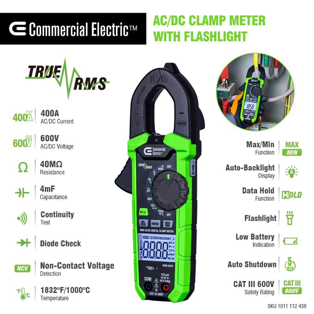 Commercial Electric 400 Amp AC/DC True RMS Digital Clamp Meter with Temperature (3)