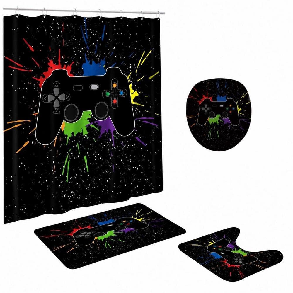 Anqtovp 70.86 in. W x 70.86 in. L Polyester Shower Curtain 4PCS Set in Black Colorful w/ Anti-Slip Mat Toilet Cover and 12 Hooks (1)