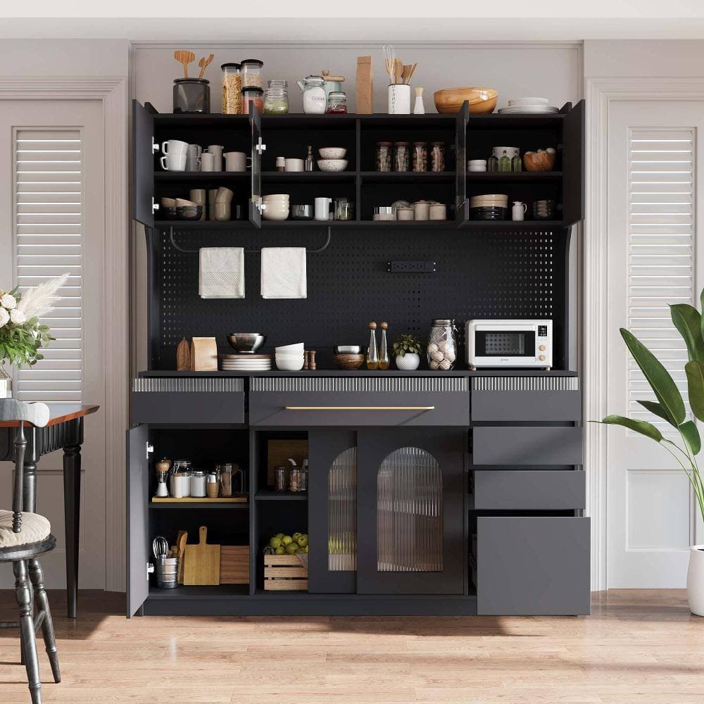 XUJMK 63 in W x 18 in D x 75 in H Linen Cabinet, Pantry Cabinet, Sideboard Cabinet in Black with 6 Drawers, Adjustable Shelves (3)