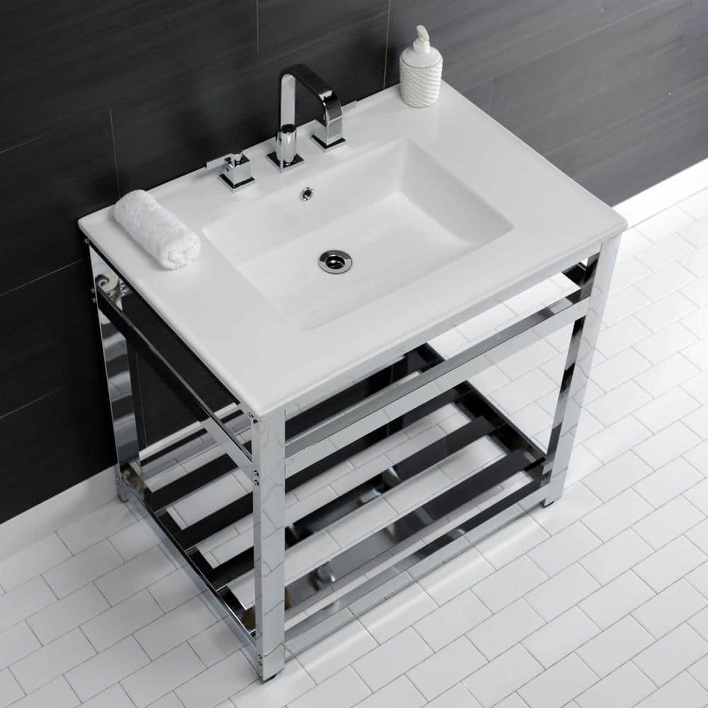Kingston Brass 31 in. Ceramic Console Sink (8 in. in 3-Hole) with Stainless Steel Base in Chrome (3)