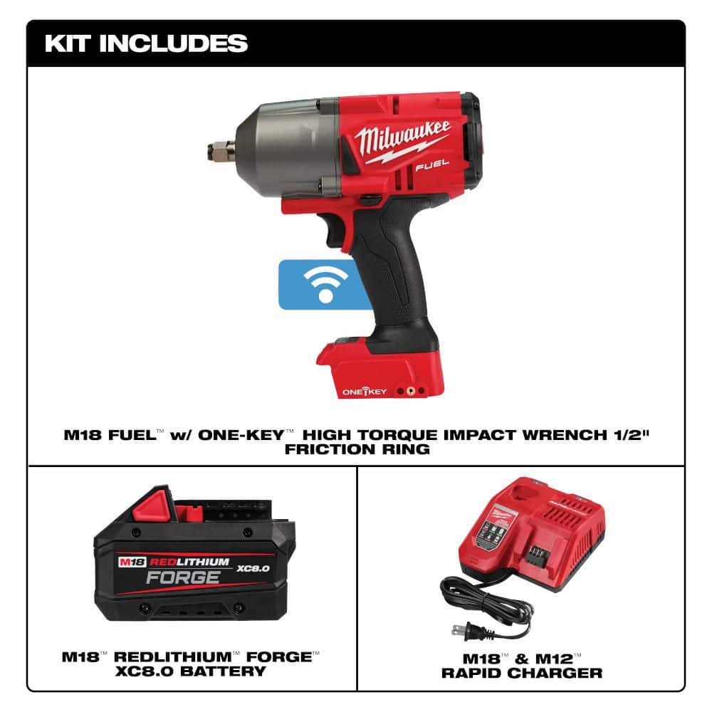 Milwaukee M18 FUEL ONE-KEY 18V Lith-Ion Brushless Cordless 1/2 in. Impact Wrench w/ Friction Ring w/ FORGE 8.0Ah Battery & Charger (2)