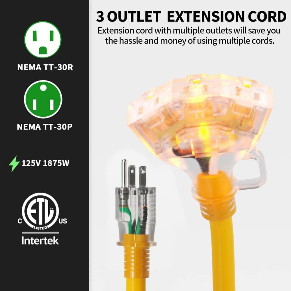 Unbranded 3 ft. 12/3 Gauge Extension Cord/3 Conductors Heavy Duty Outdoor Extension Cord with Tri-Tap Lighted End 2 Pack Yellow (2)