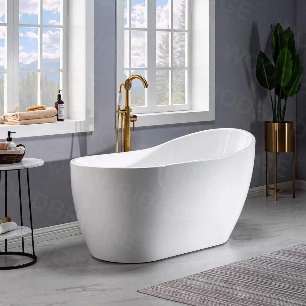 WOODBRIDGE Archie Acrylic FlatBottom Single Slipper Bathtub with Brushed Gold Overflow and Drain Included White (2)