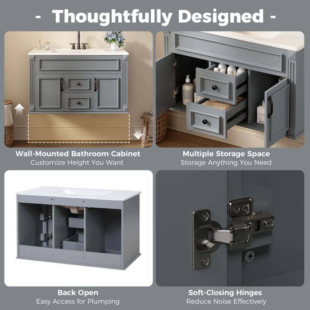 Unbranded 36 in. Wall-Mounted Bathroom Vanity with Ceramic Sink, Soft-Close Drawers & Doors, Bathroom Cabinet with Elegant Storage (3)