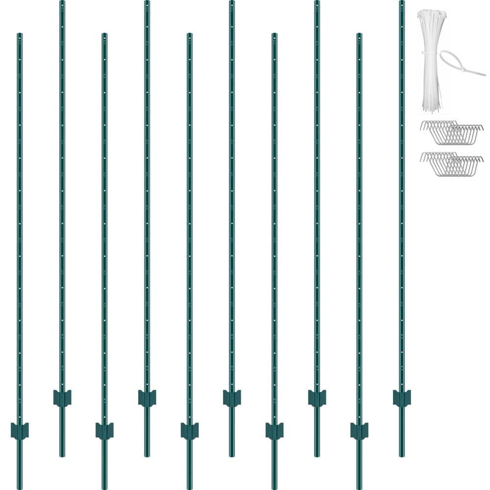 VEVOR 7 ft. Fence Post, T-Post Heavy-Duty Metal Fence Posts, Sturdy Steel Fence Stakes for Garden Yard, Lawn, Green (10-Pack)