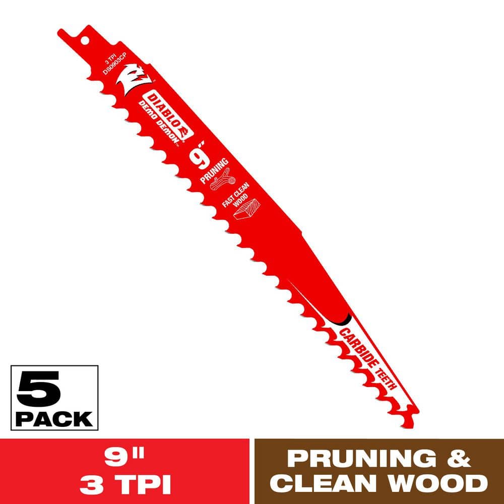DIABLO 9 in. 3 TPI Demo Carbide Reciprocating Saw Blades for Pruning and Clean Wood Cutting (5-Pack)