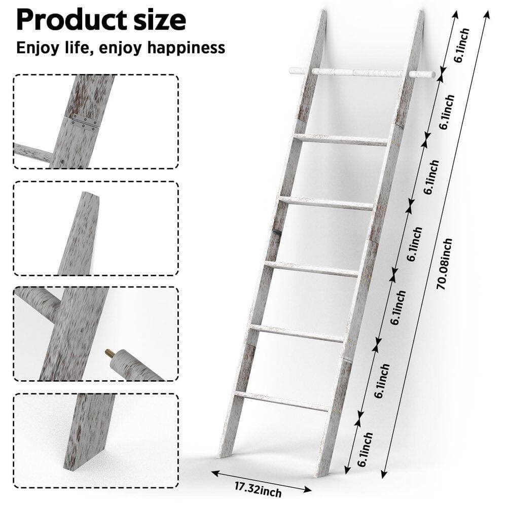 Wudkey Wood Blanket Ladder with Removable Hooks, 6-Bar Blanket Rack Decorative Stand, Leaning Towel Quilt Rack Holder in White (2)