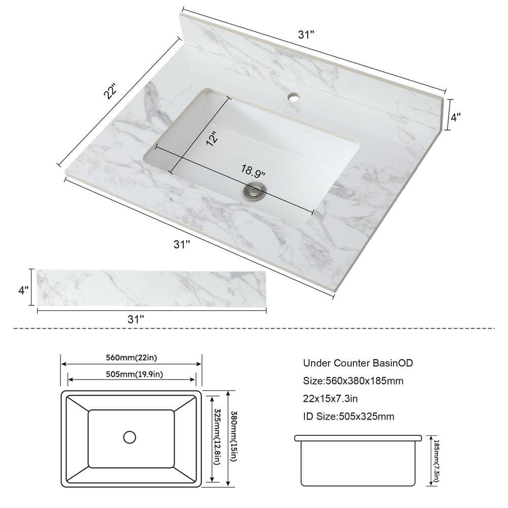 EPOWP 31.02 in. W 22.01 in. D Sintered Stone Rectangular Single Sink Bathroom Vanity Top (4)