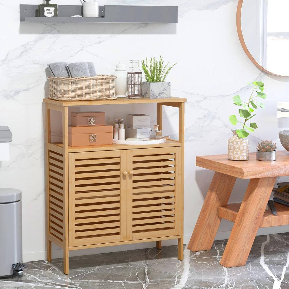Volenca Bamboo Bathroom Floor Storage Cabinet with Shutter Doors (3)